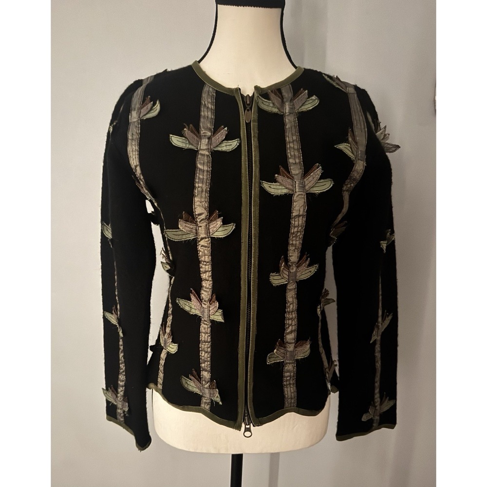 CoVelo Womens S Wool Silk Applique Art Jacket Black Green Zip Boho